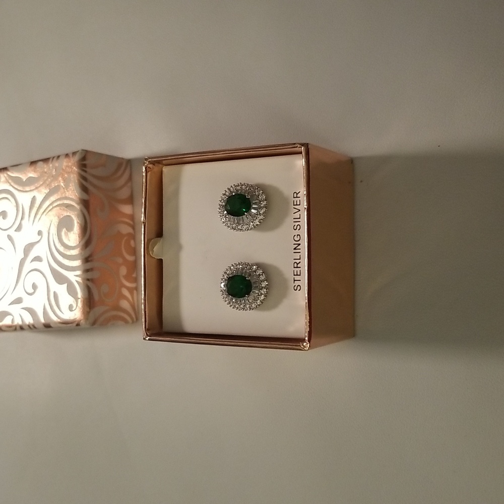 Women's Sterling Silver Earrings with Simulated Emerald Stones/Rhinestones; O/S